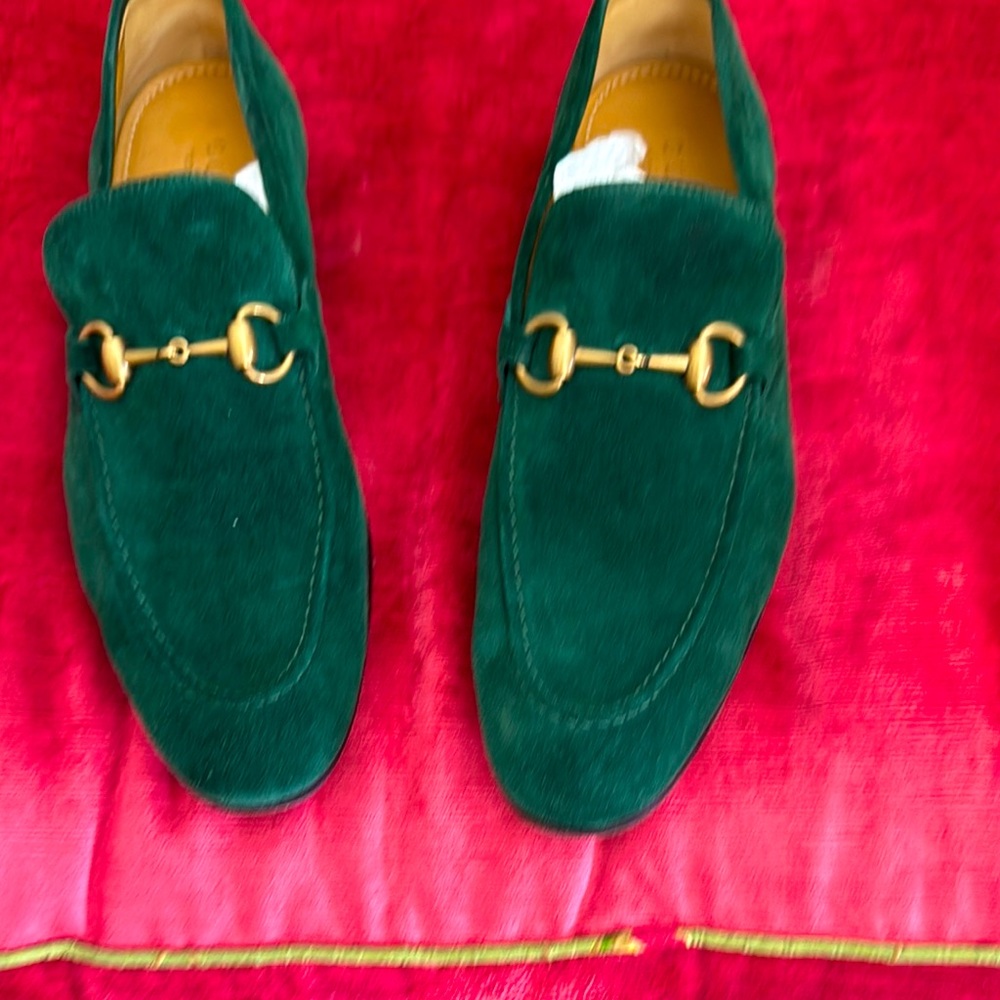 Never Worn  Emerald Green Velvet Loafers with Gold Detail!